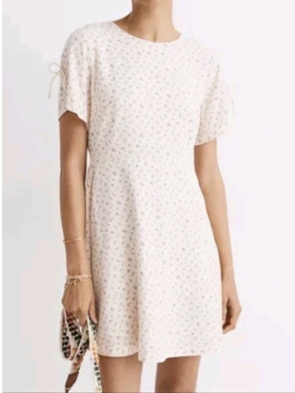 Madewell Women's Beige Floral A-Line Puff Short Sleeve Tie Back Zip Dress 10